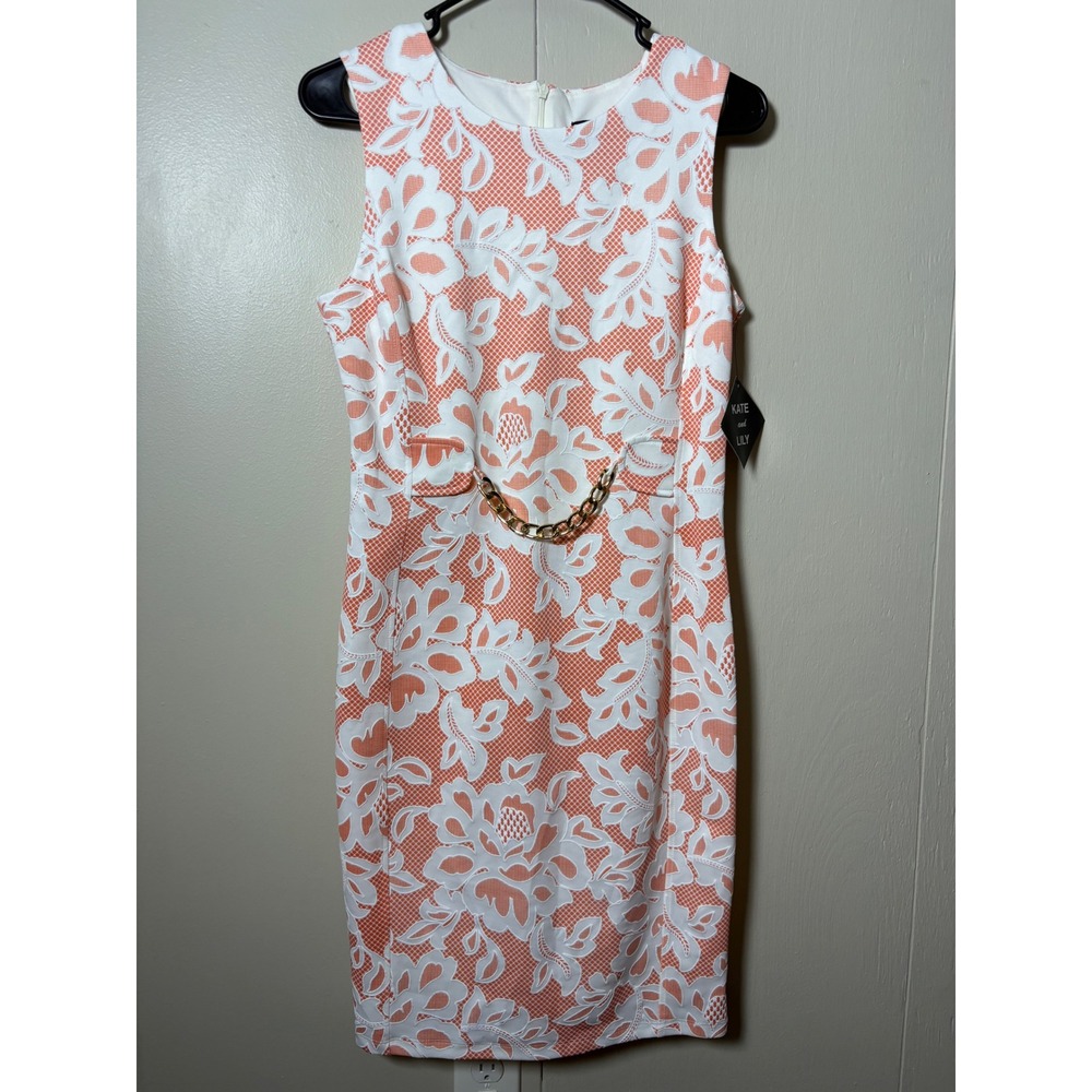 Kate and Lily Orange White Floral Sheath Dress Gold Chain Detail Size 8 Modern